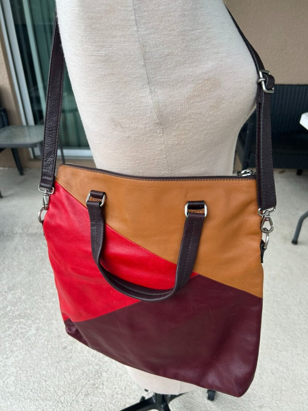 Fossil Colorblock Leather Satchel Shoulder Bag Red Brown Burgundy Crossbody